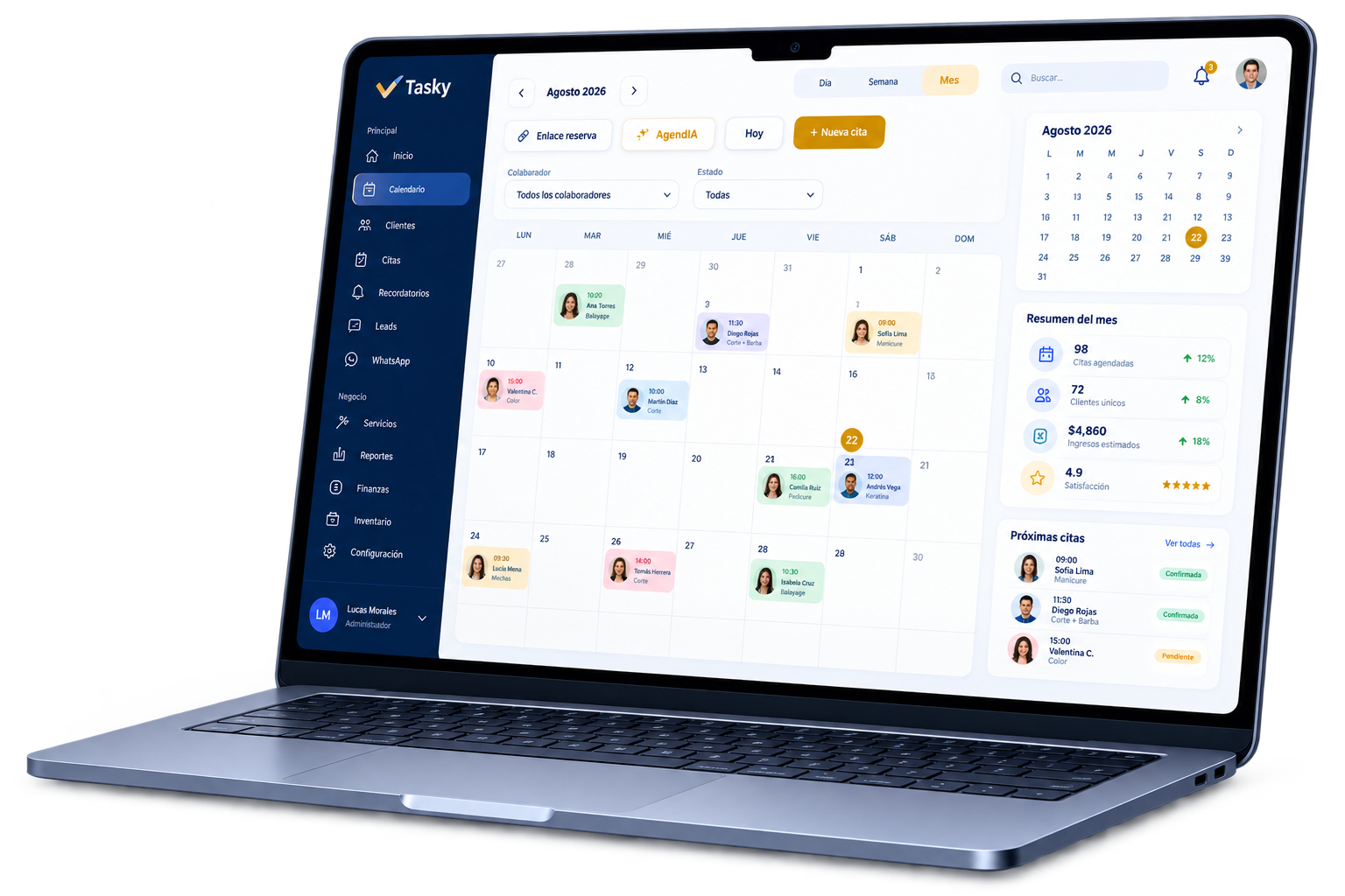 Tasky en computadora — calendario y reportes